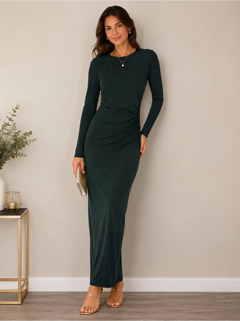 Elegant Dark Emerald Green Ruched Midi/Maxi Dress